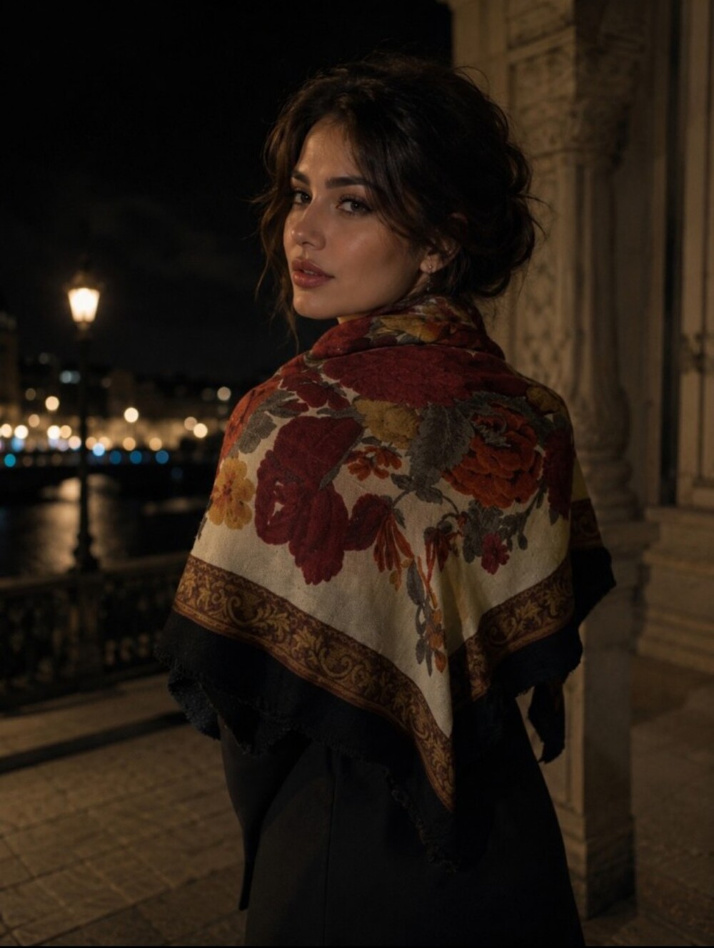 "Made In Italy" Floral Paisley Scarf in Cream, Orange, Gray, Brown